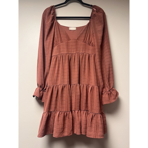 Altar'd State Mini Dress Sz L Brown Tiered VNeck Open Back Peasant Dress‎ Boho - Picture 1 of 6
